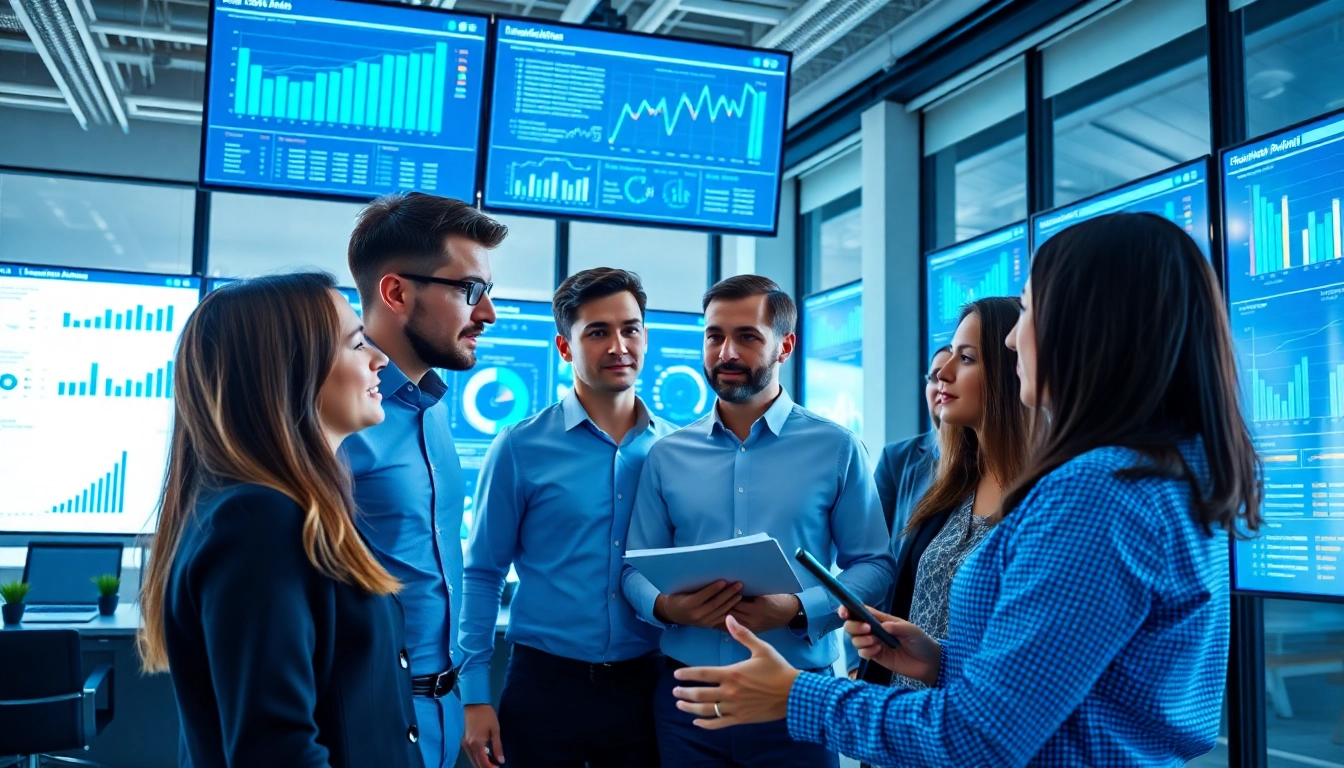 Engage in AI for competitor analysis with professionals in a modern office setting.