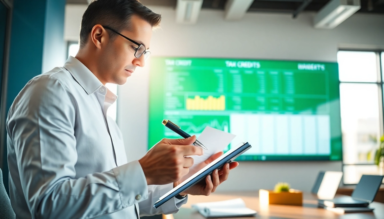 Analyze Tax Credits with a financial consultant in a bright office setting.