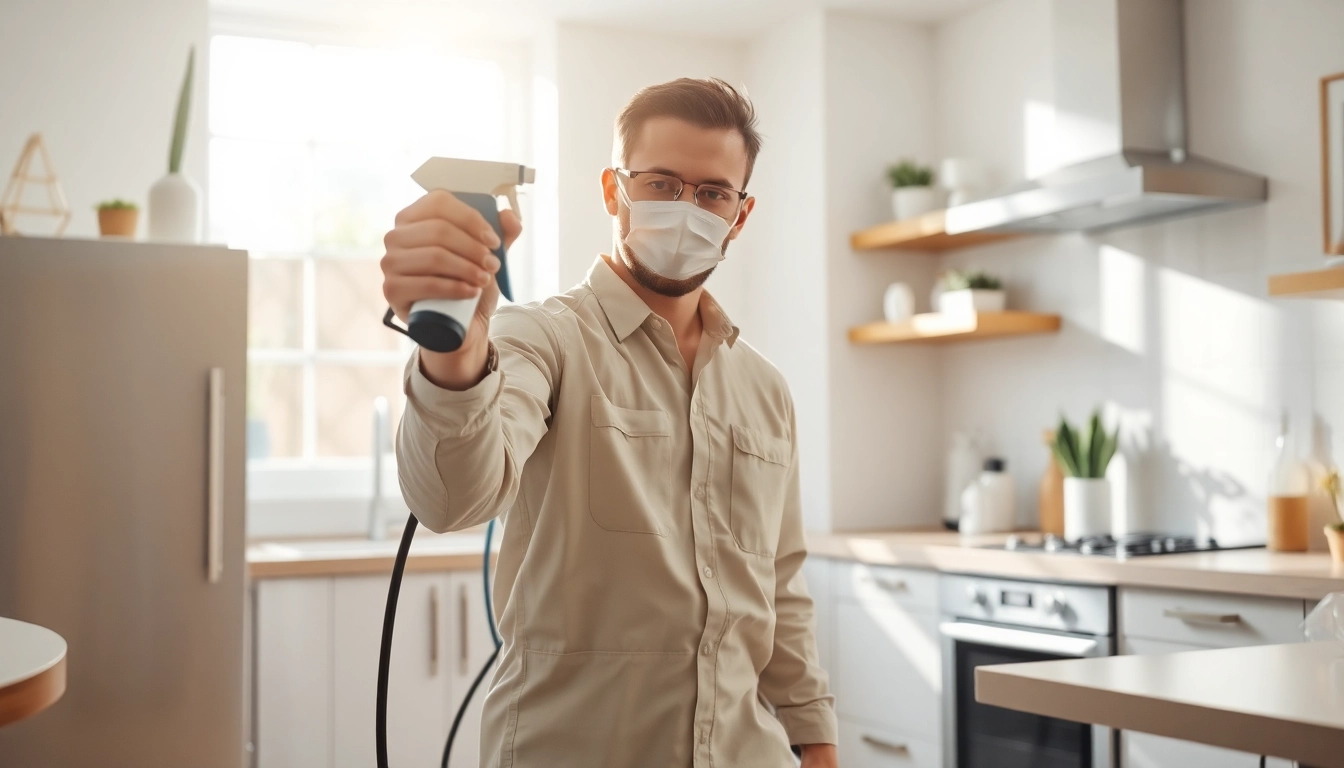 Engaging pest control technician effectively managing pests in a modern kitchen.