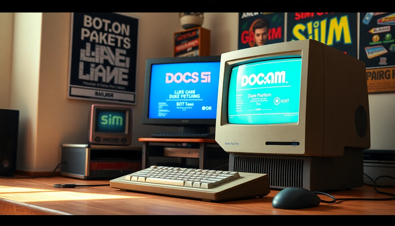 Play DOS games with a vintage computer setup showcasing classic game interfaces.