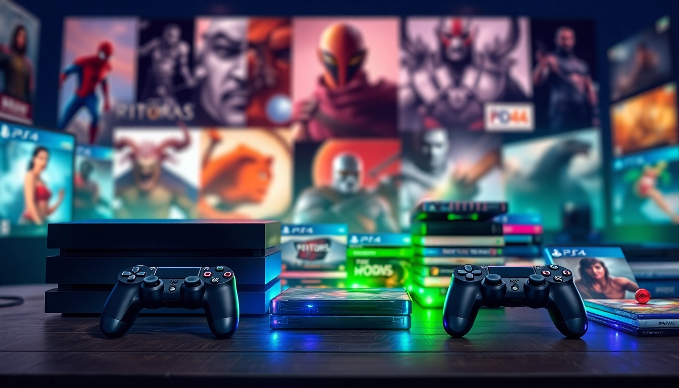 Explore diverse PS4 games displayed on a gaming table with vibrant lighting and gaming accessories.