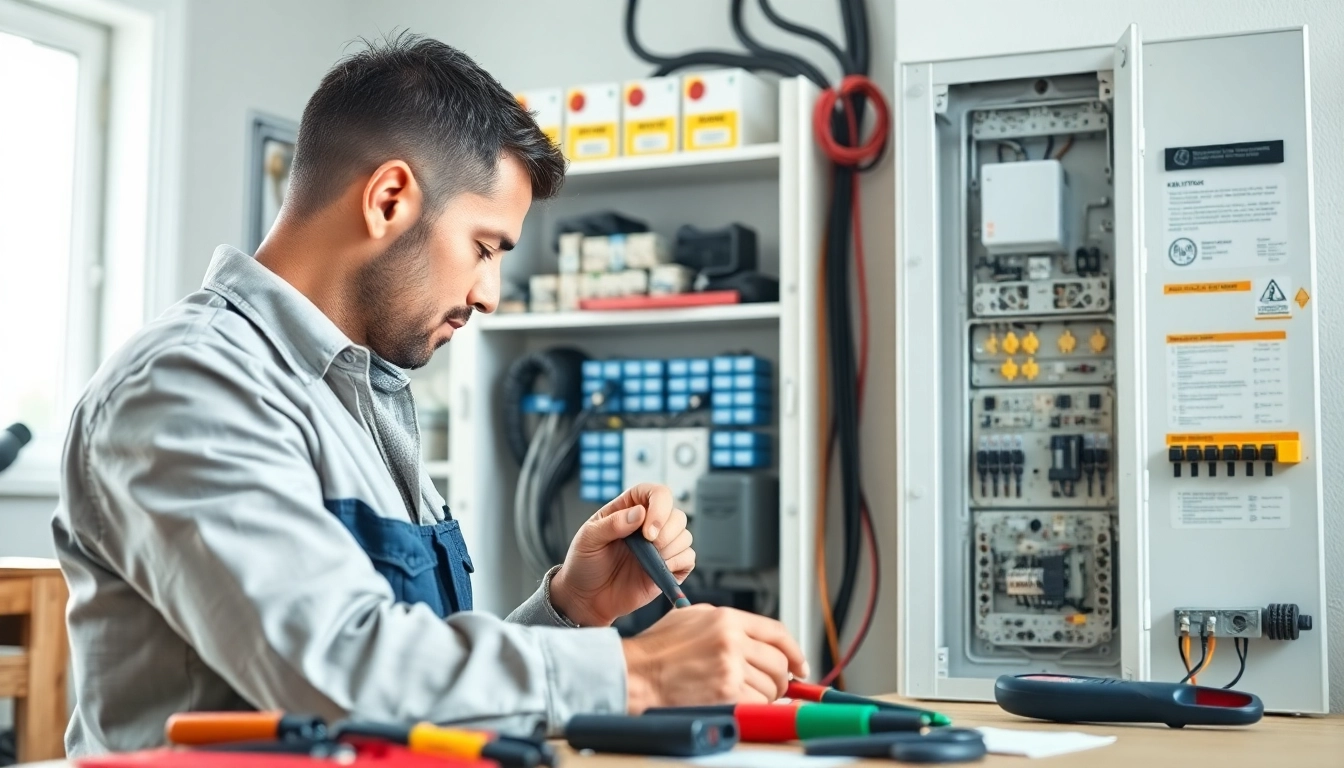 Installing an Electrical Panel Upgrade while showcasing tools and expertise in a bright workshop setting.