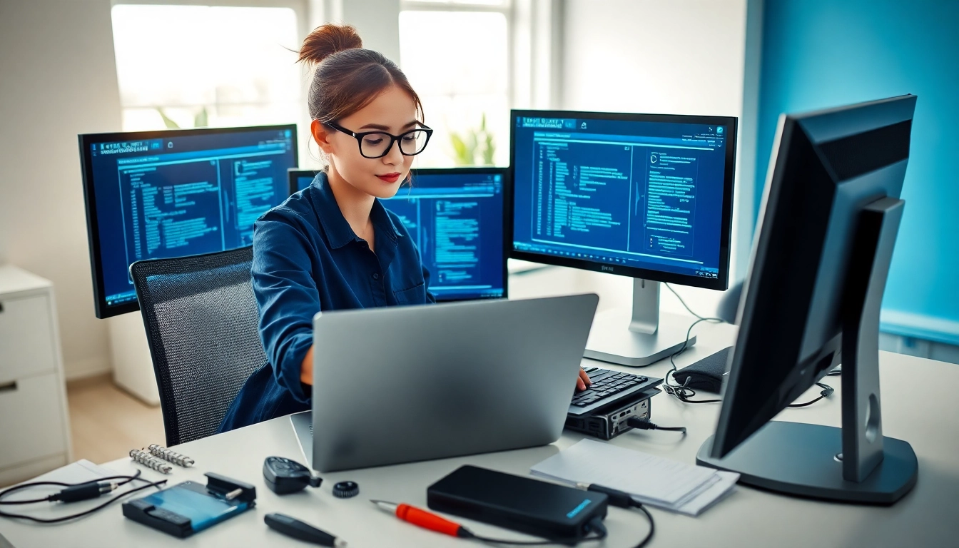 Offering computer help, a technician assists a client with technical issues in a professional workspace.