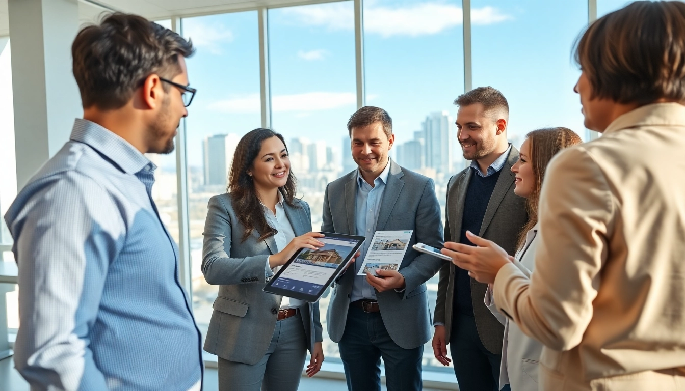 Engaging discussion on Calgary home sales in a modern office setting, showcasing the Calgary skyline.