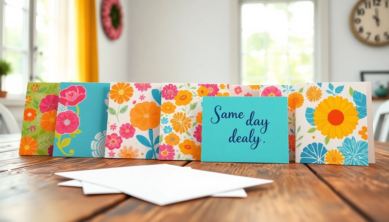 Beautiful same day greeting cards showcased on a wooden surface, highlighting their vibrant designs and colors.