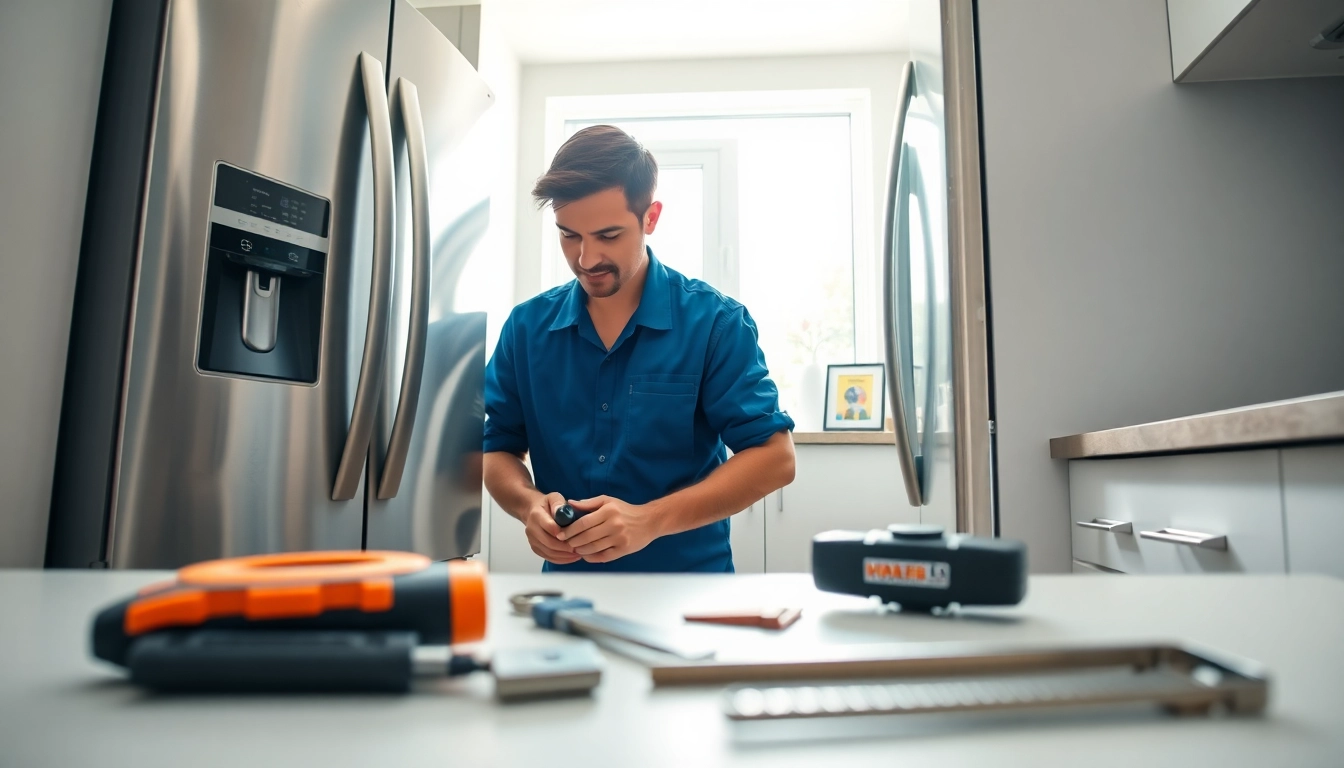 Expert refrigerator repair technician diagnosing appliance issues in a bright kitchen.