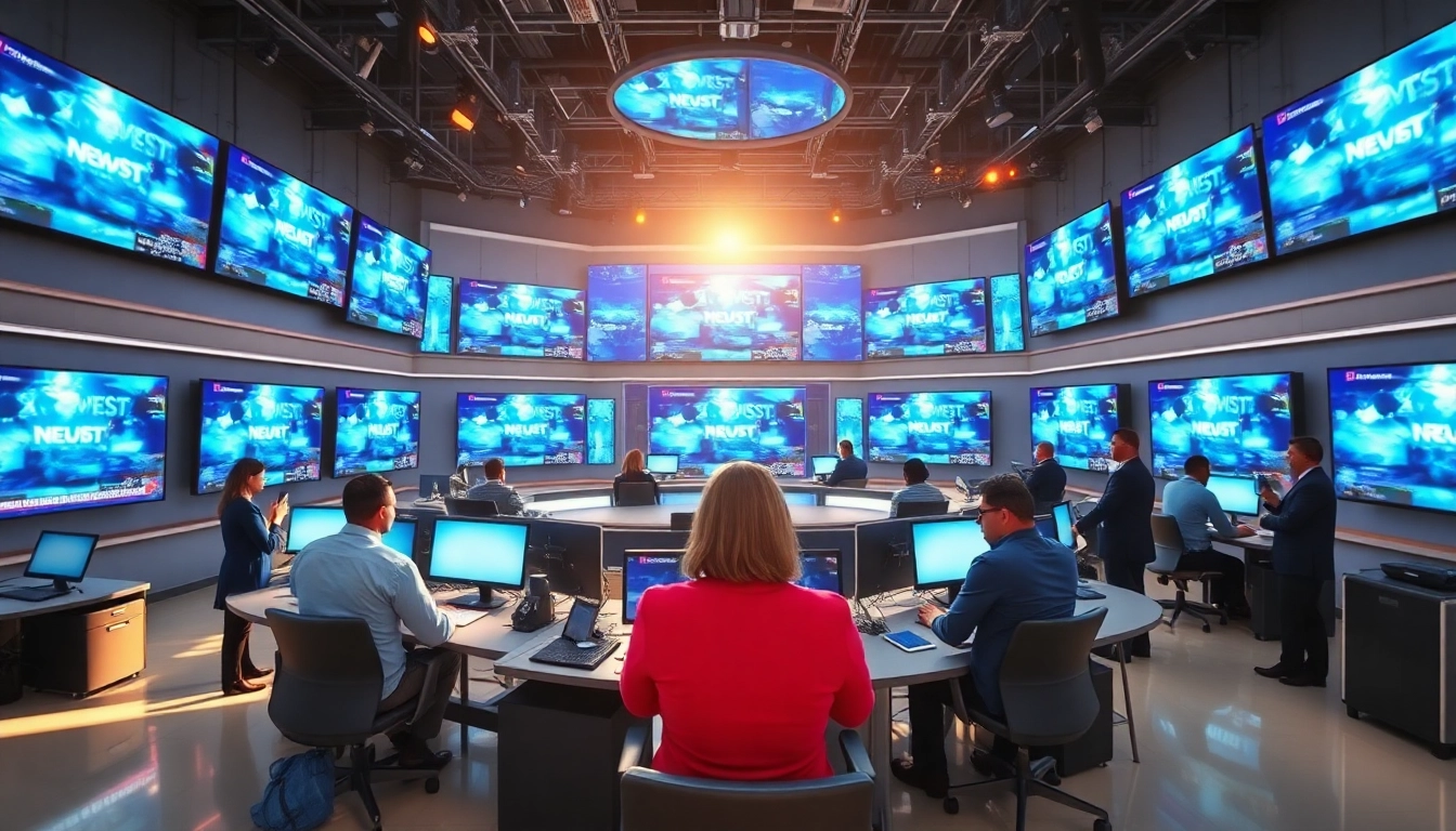 Update from justnownews.press featuring a modern newsroom with journalists and live news displays.