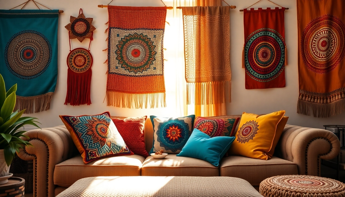 Showcasing vibrant boho decor prints in a cozy living room setting.