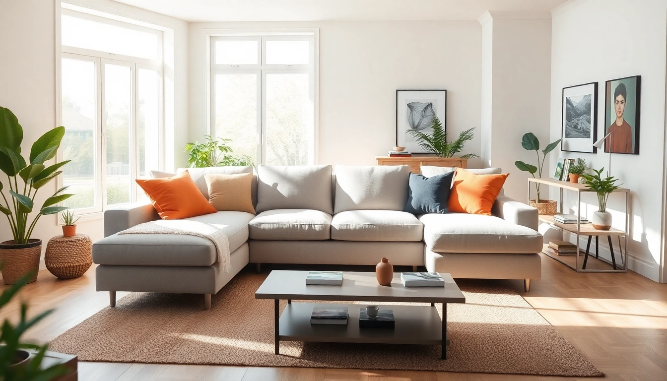 Ecksofa mit Schlaffunktion in modernem Wohnraum, gemütlich dekoriert mit Kissen.