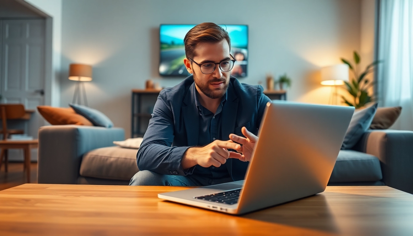Comprar Listas IPTV en un entorno moderno mostrando un hombre feliz con su laptop.