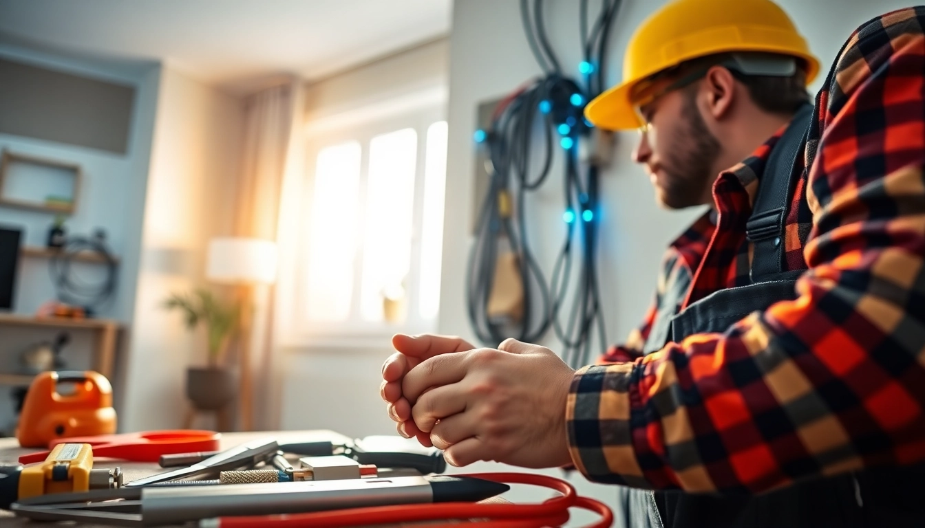 Electrician performing electrical installation work with tools in a bright setting.