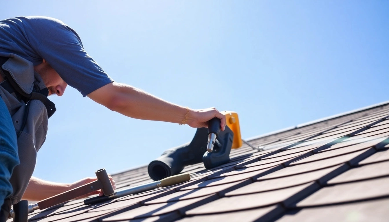 Skilled laborer performing roof repairs gold coast with precision, showcasing a well-maintained residential structure.