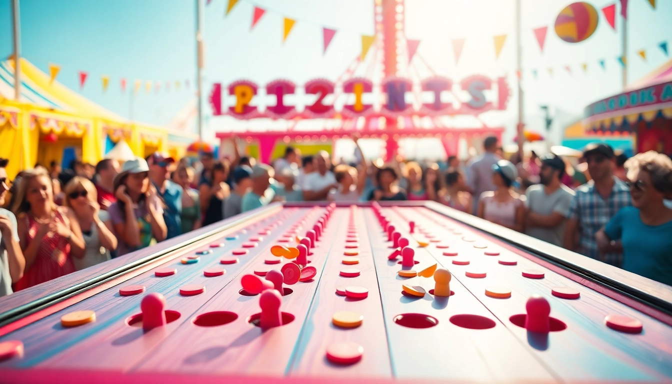 Plinko game dengan chip yang meluncur di papan khasnya, menarik perhatian penonton dengan warna cerah.