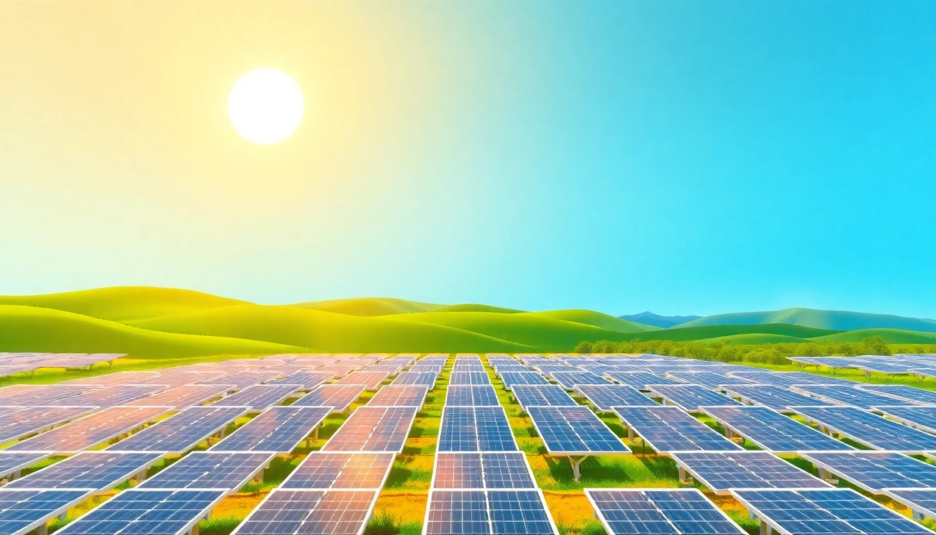 Harness solar energy with a modern solar farm under a bright sun in a sustainable landscape.