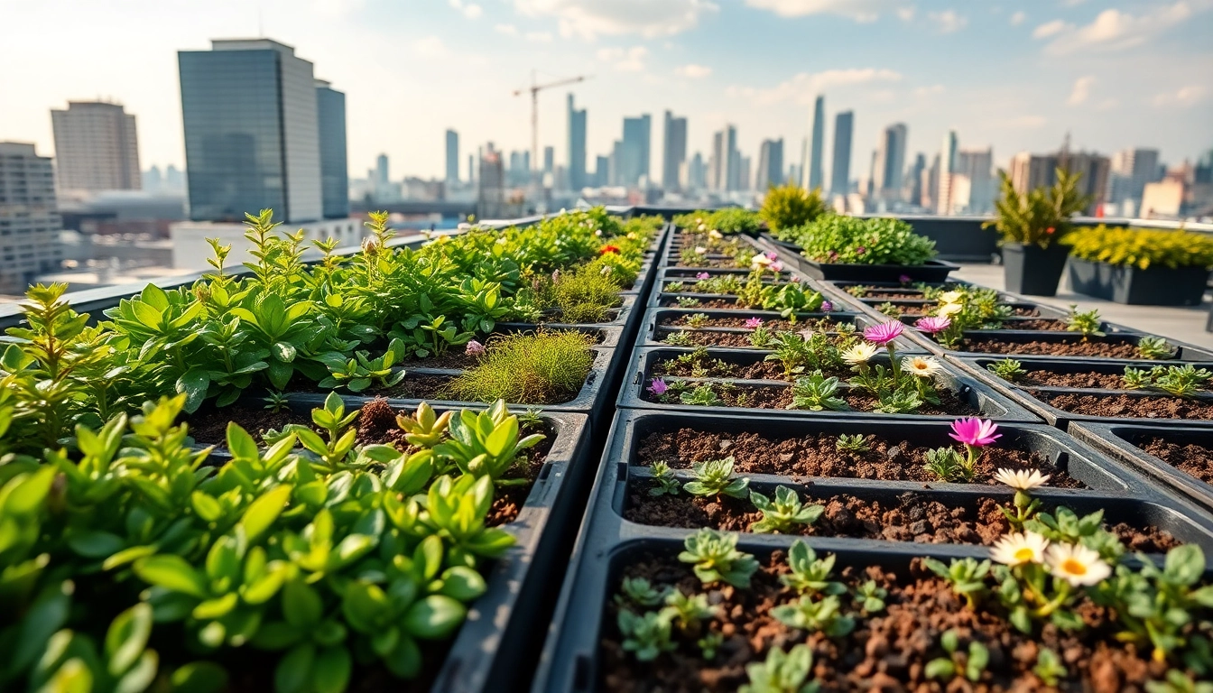 Explore Living Roof Trays filled with vibrant plants in an urban rooftop setting.