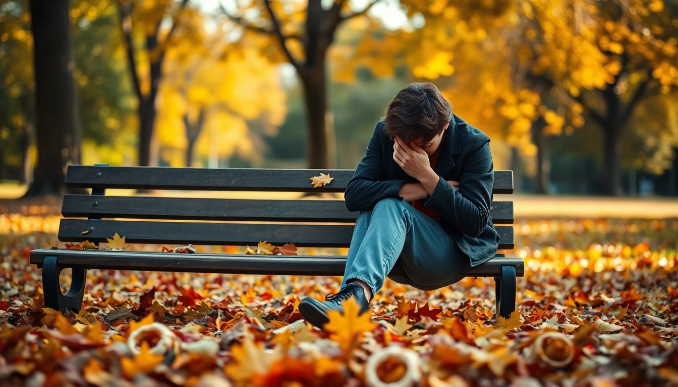 Contemplative person reflecting on a relationship breakup amid autumn leaves.