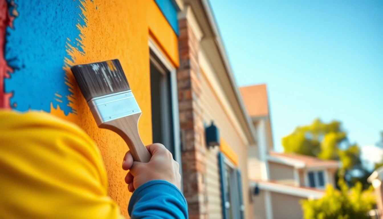 Skilled painters minneapolis apply vibrant paint to a home's exterior in a sunny setting.