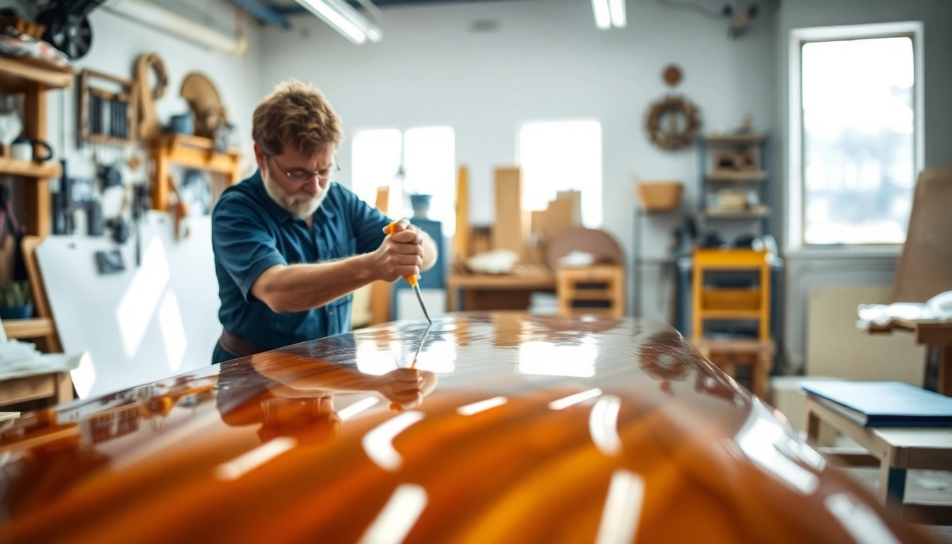 Apply laminating resin to fiberglass in a professional workshop setting.
