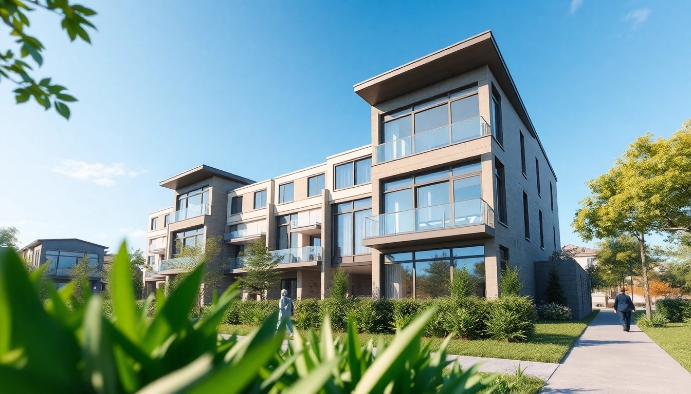 Visualisierung Architektur eines modernen Wohngebäudes mit entspannender Umgebung und natürlichem Licht.