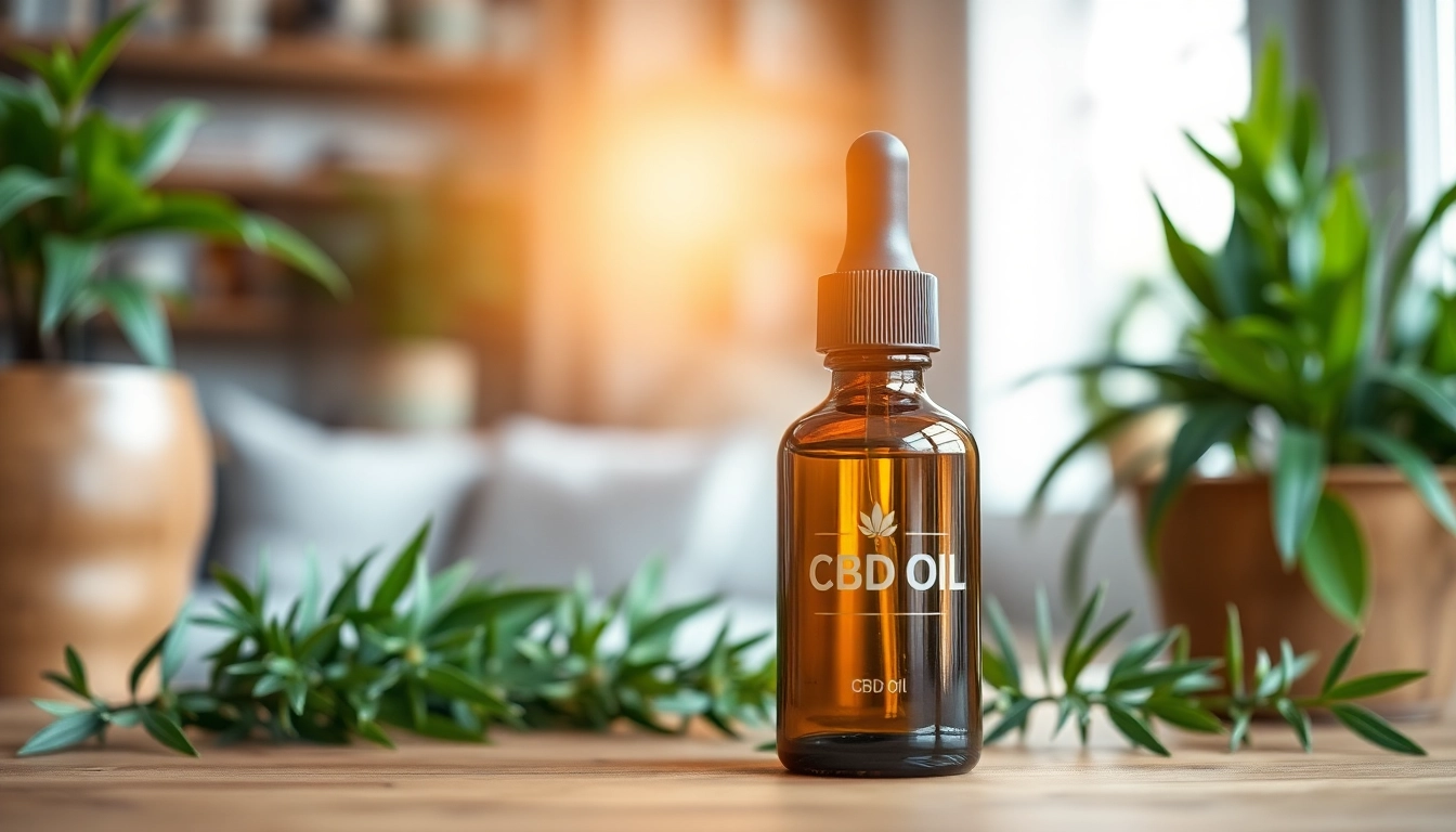 CBD Oil bottle resting on a wooden table surrounded by fresh plants and sunlight.