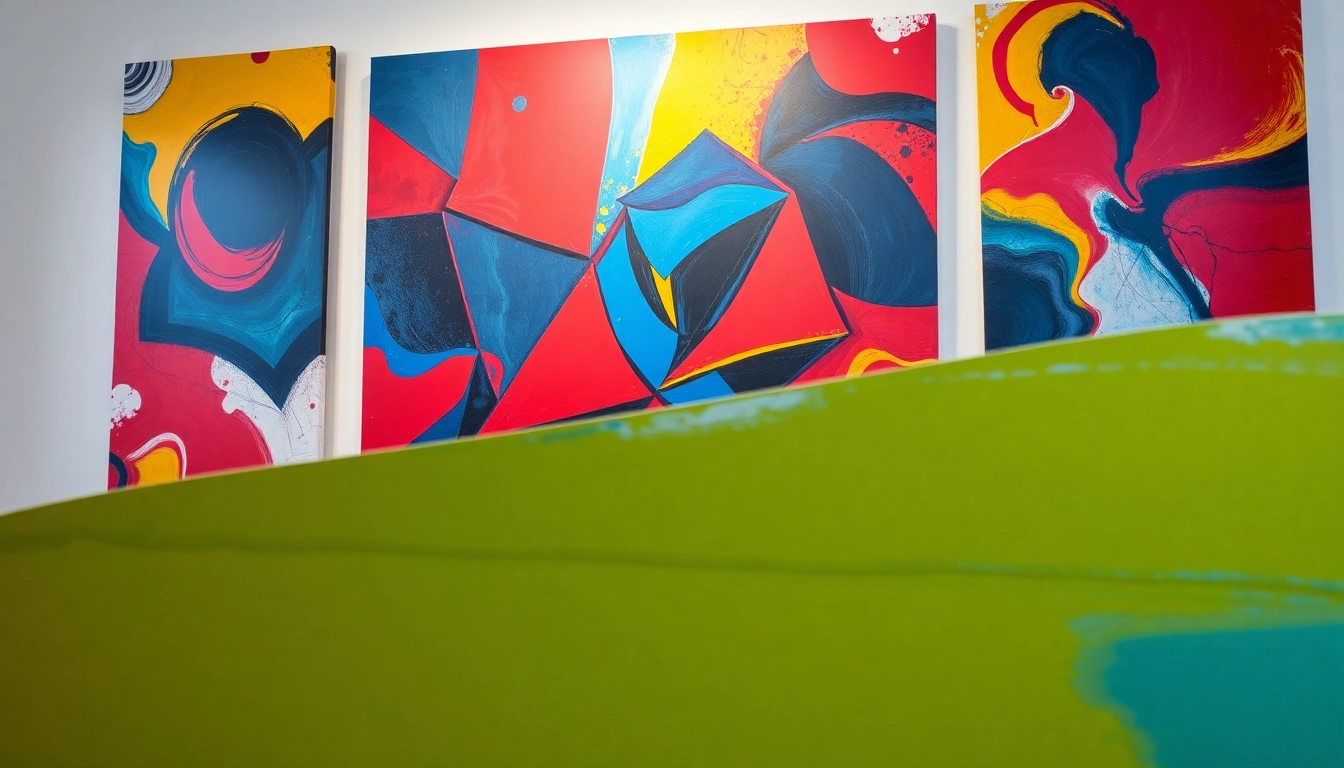View stunning abstract paintings with a vivid color palette and dynamic shapes in an art gallery setting.