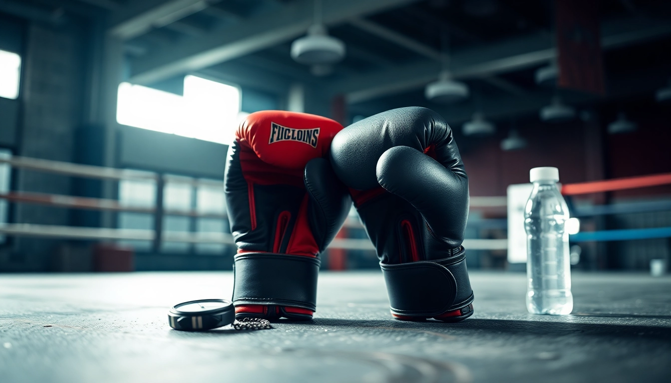 Kickboxhandschuhe für Training und Wettkampf in einem dynamischen Gym-Setting präsentieren ihre hochwertige Verarbeitung.