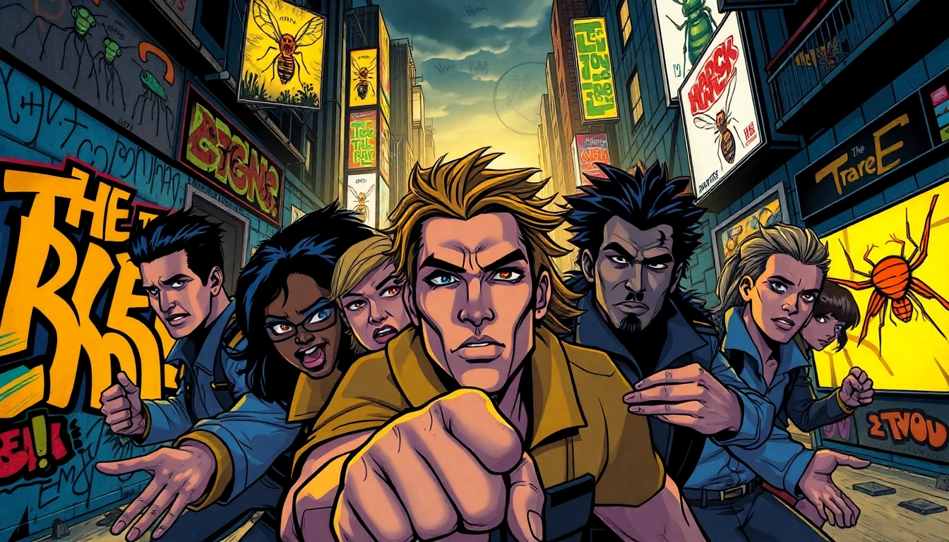 Illustration of The Exterminators comic series characters in action