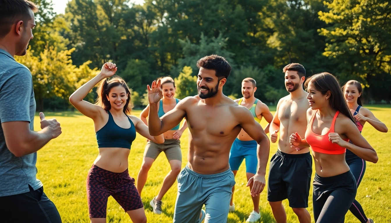 Trainingssessie voor een sixpack met gemotiveerde deelnemers in de buitenlucht.