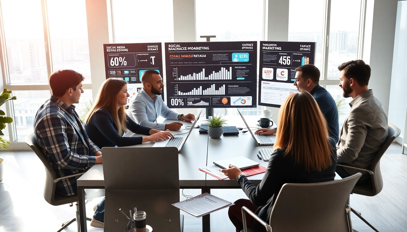 Engaging social media marketing edmonton team strategizing in a vibrant office environment.