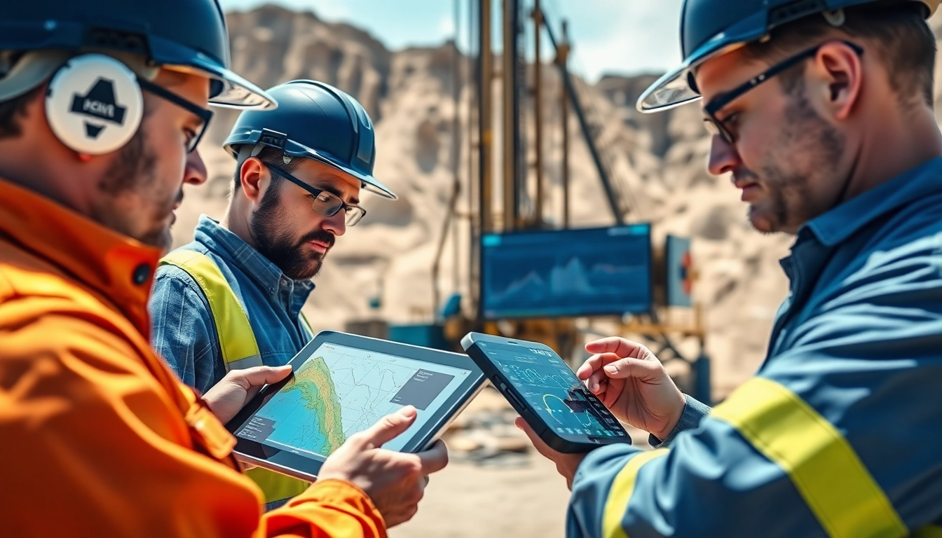 Engineers analyzing geological data at www.geosteeringvision.com drilling site using advanced technology.