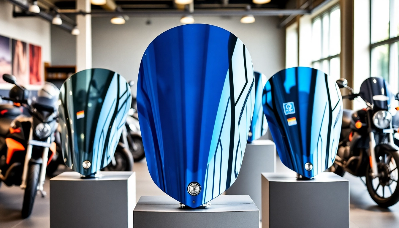 Showcase motorcycle windshields highlighting various designs and clarity in a modern showroom.