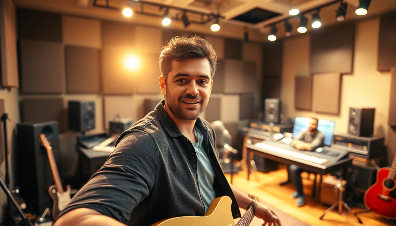Musician passionately engaging in music pitching within a vibrant recording studio environment.
