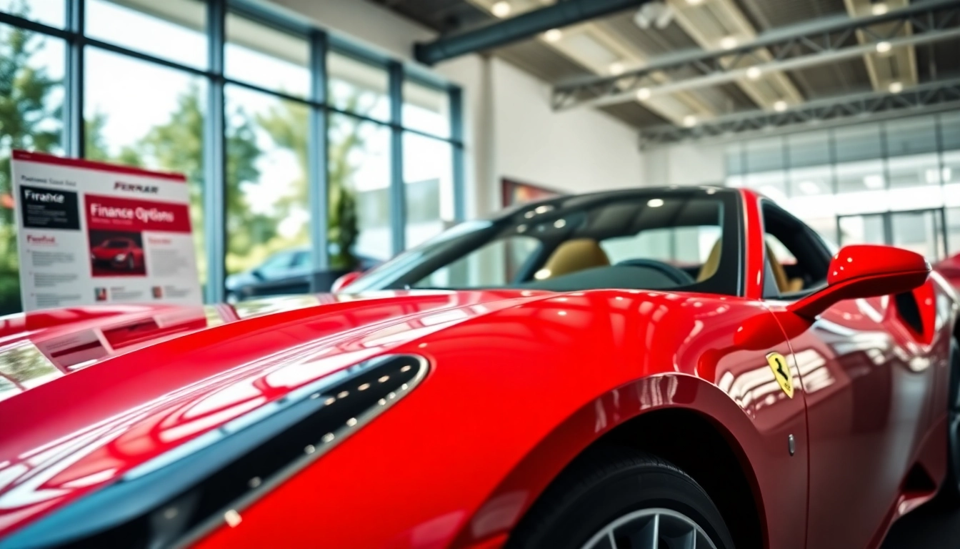 Explore Ferrari finance options Johannesburg with a stunning Ferrari in a luxurious dealership setting.