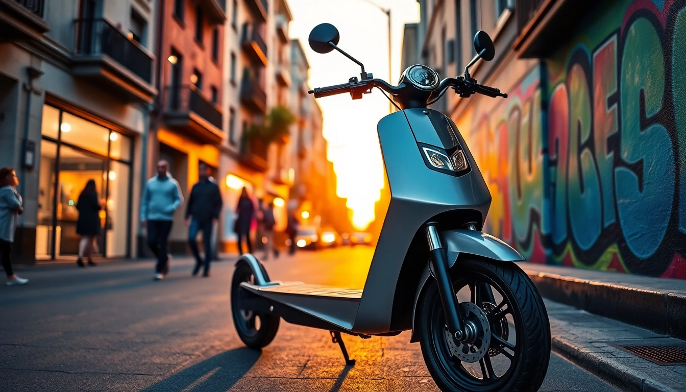 Ride an electric scooter showcasing sleek design against a vibrant city backdrop.