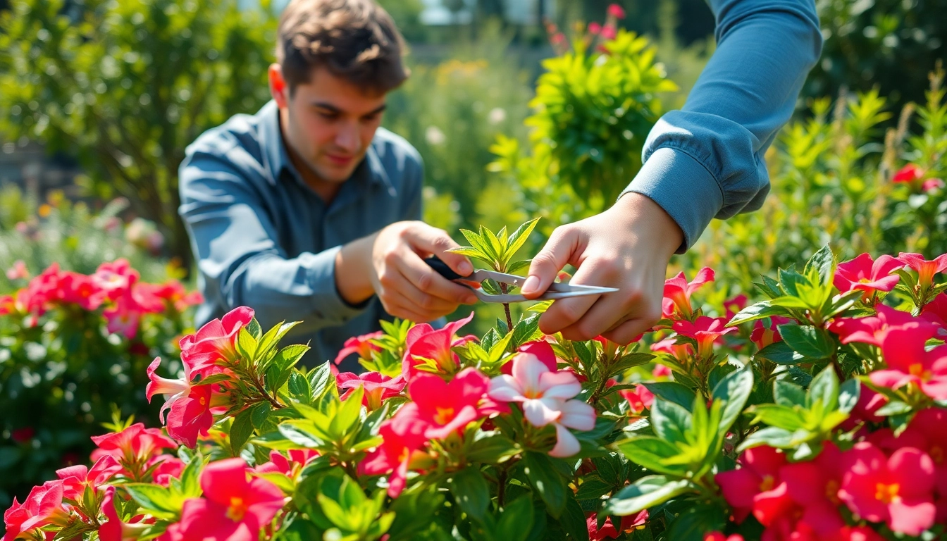 Snoeien van een bloeiende struik door een professionele tuinier in een zonnige tuin.