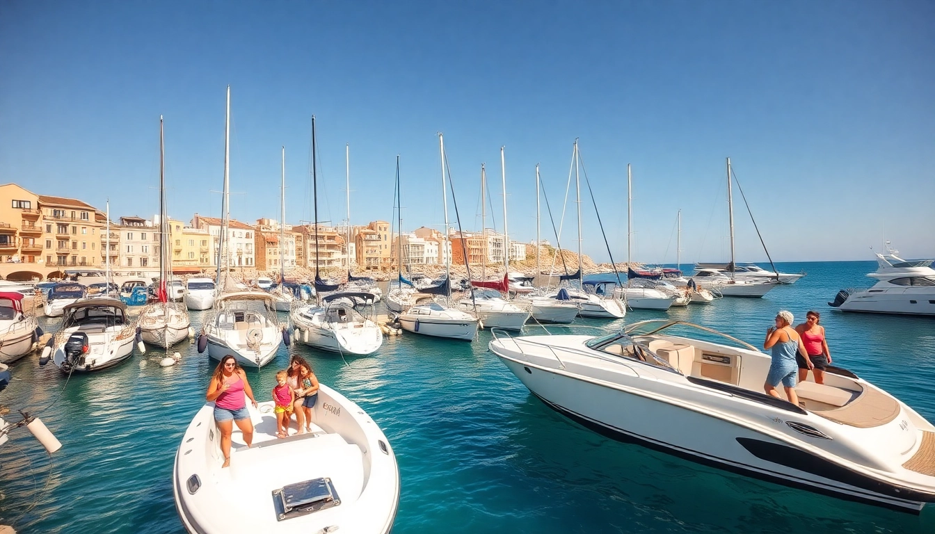 Rent a boat Malta with a family boarding a sleek motorboat in a picturesque harbor.