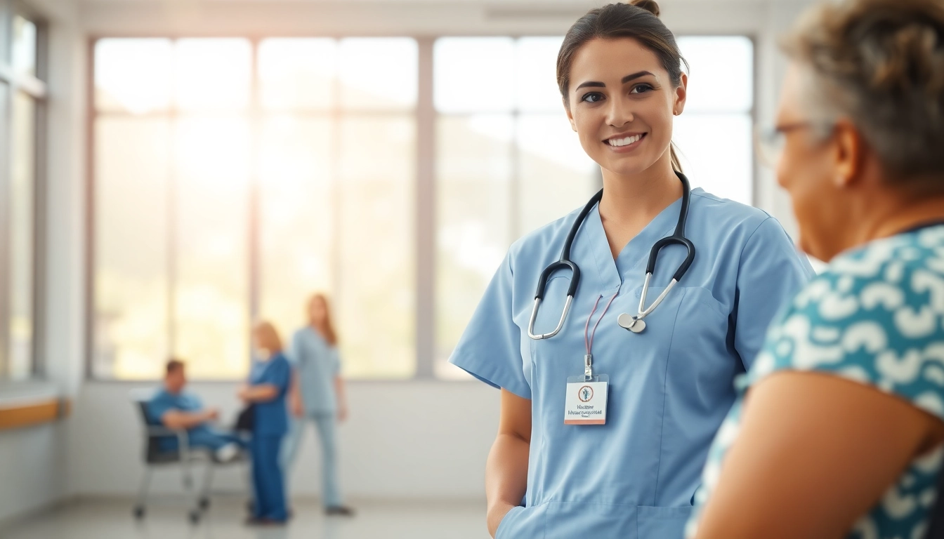 Alabama Board of Nursing professional nurse assisting a patient in a well-lit healthcare environment.