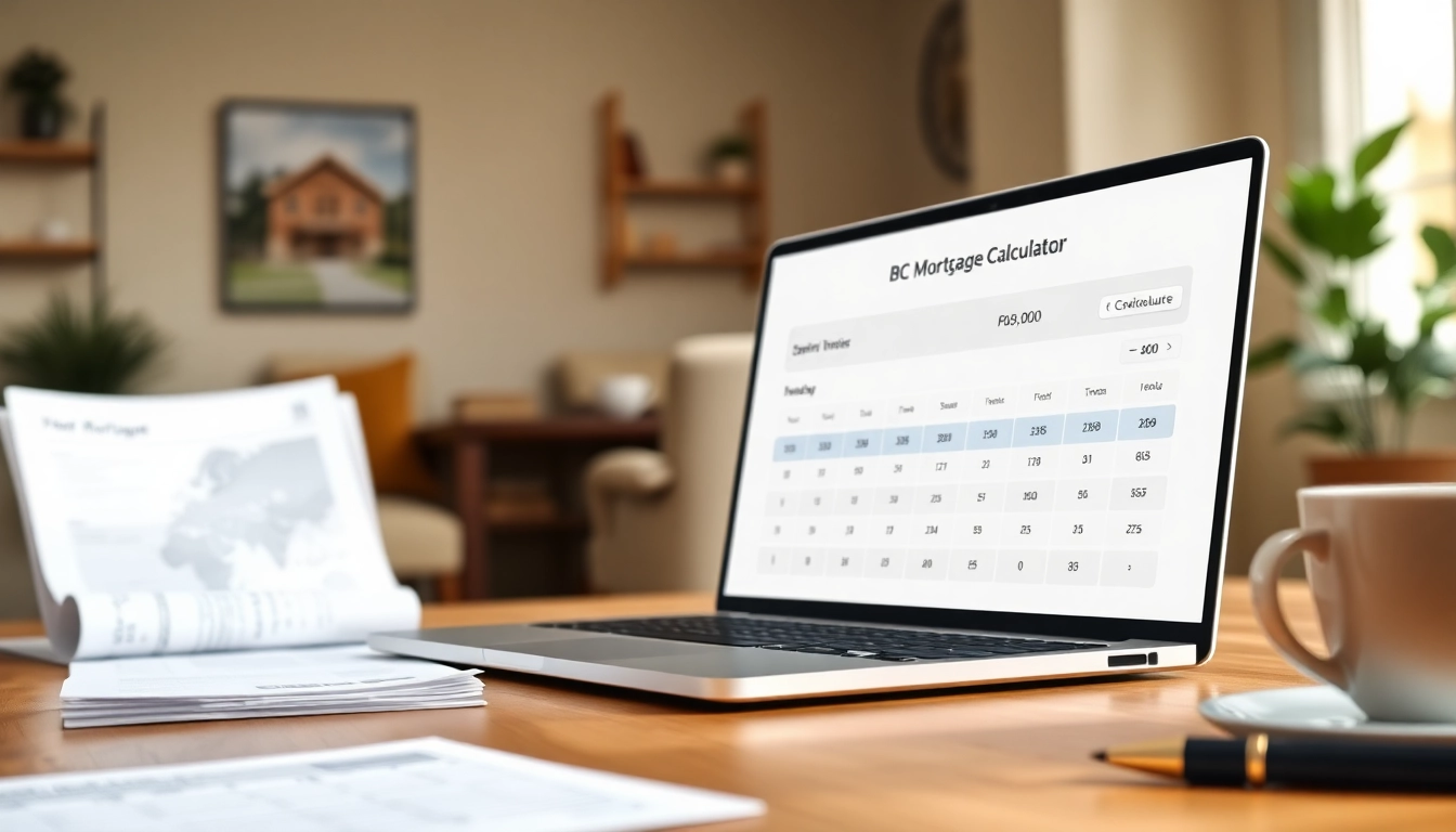 Calculate monthly payments with the BC Mortgage Calculator, showcased in a professional home office.