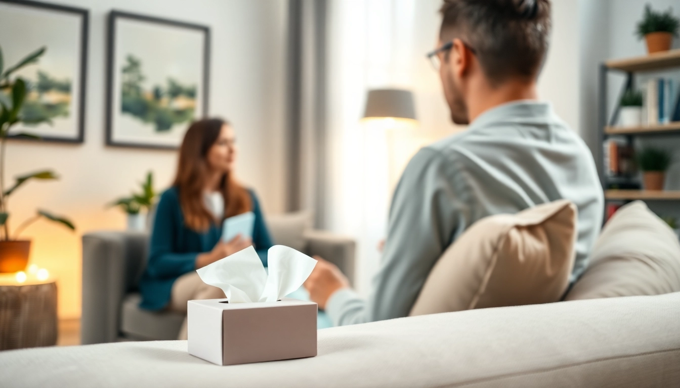 Therapist assisting a client on healing trauma in a warm, inviting therapy room