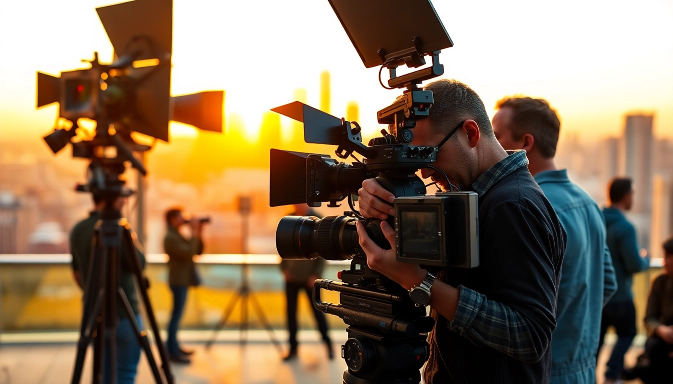 Director of Photography adjusting camera settings on a bustling film set.
