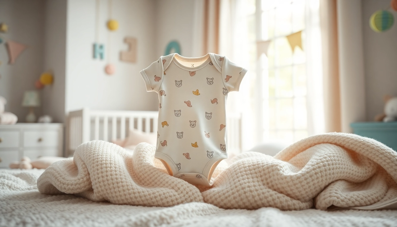 Showcase a cute Baby onesie on a cozy nursery blanket, highlighting its adorable design.