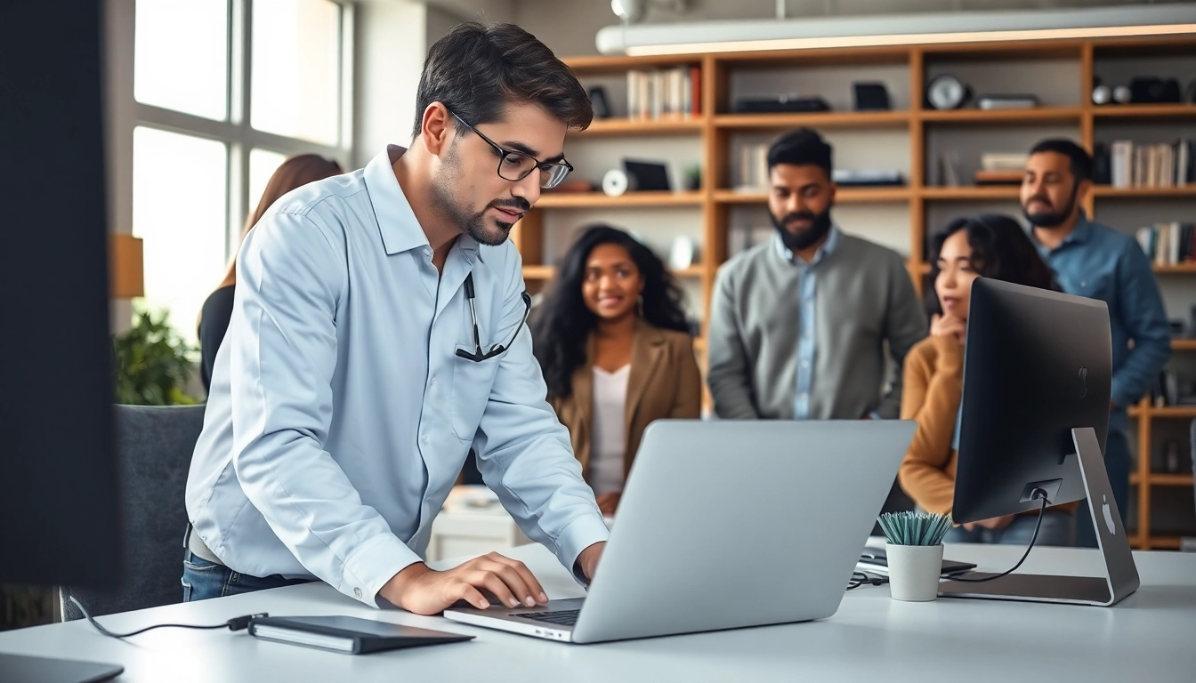 Provide expert computer help in a modern office environment with a technician assisting clients.