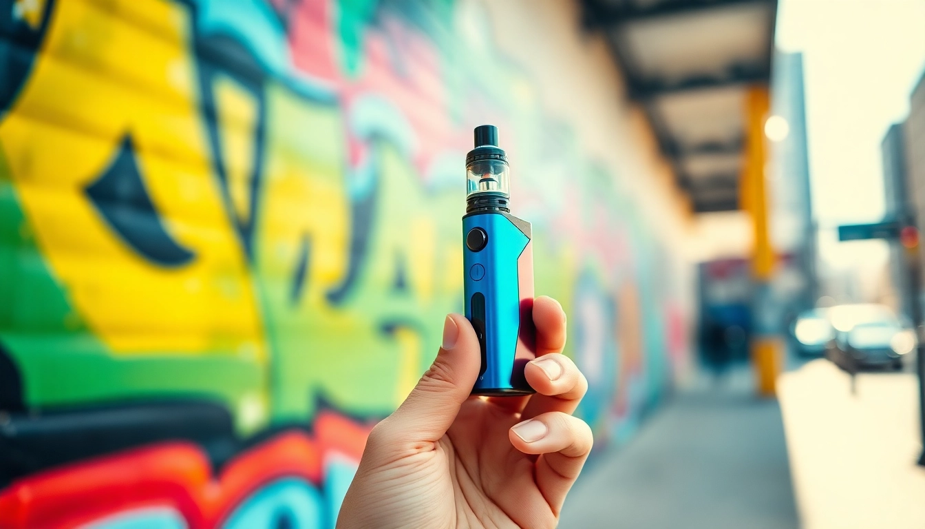 Experience puff vape held in hand, highlighting its sleek design and vibrant colors in an urban setting.
