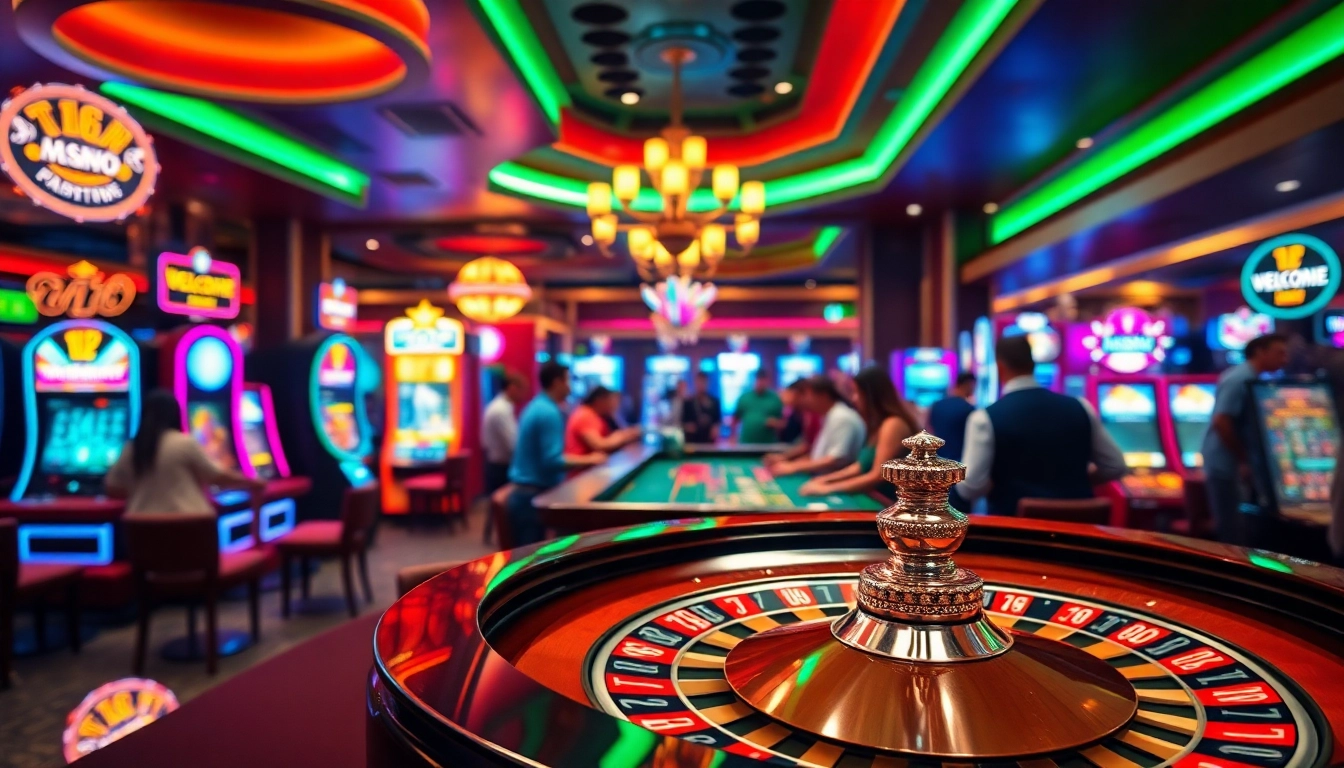 Duel Casino Arvostelu - Värikäs ja elinvoimainen kasinoyleiskuva, jossa pelaajat nauttivat peleistä.