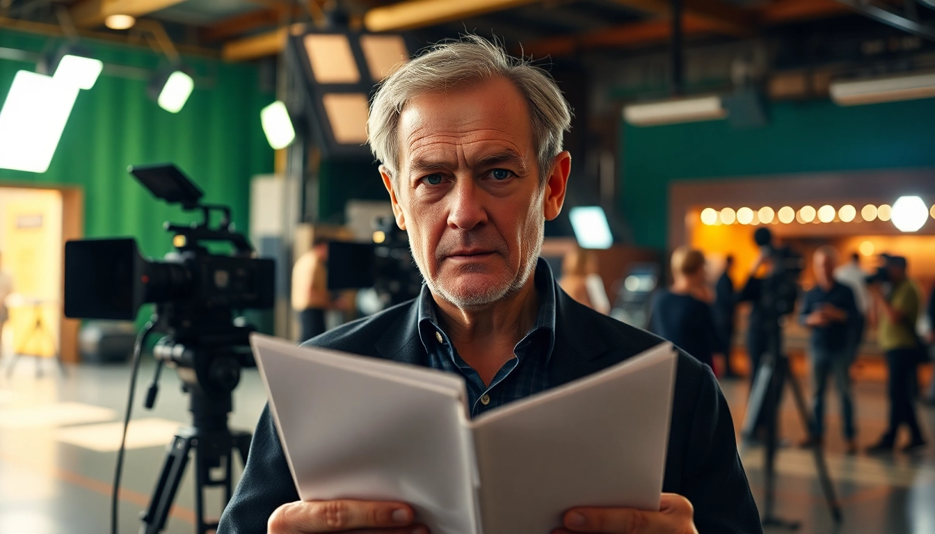 James Broadbent engaged in a thoughtful moment on a dynamic film set.
