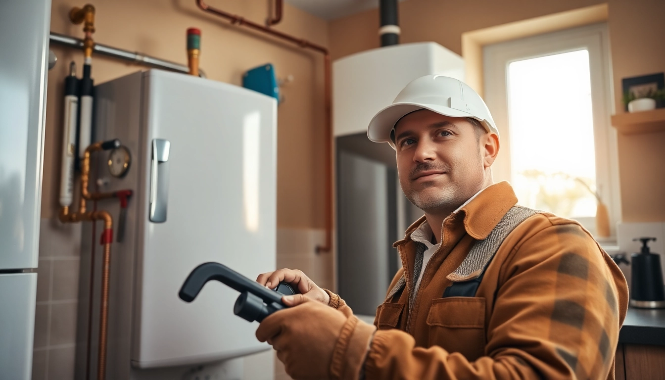 Gas engineer bristol installing a boiler in a cozy kitchen setting with safety tools.