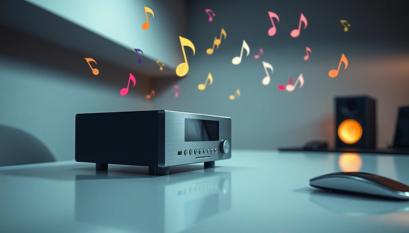 Experience versatility with https://hardwareplayer.com showcasing a digital music player amidst vibrant notes.
