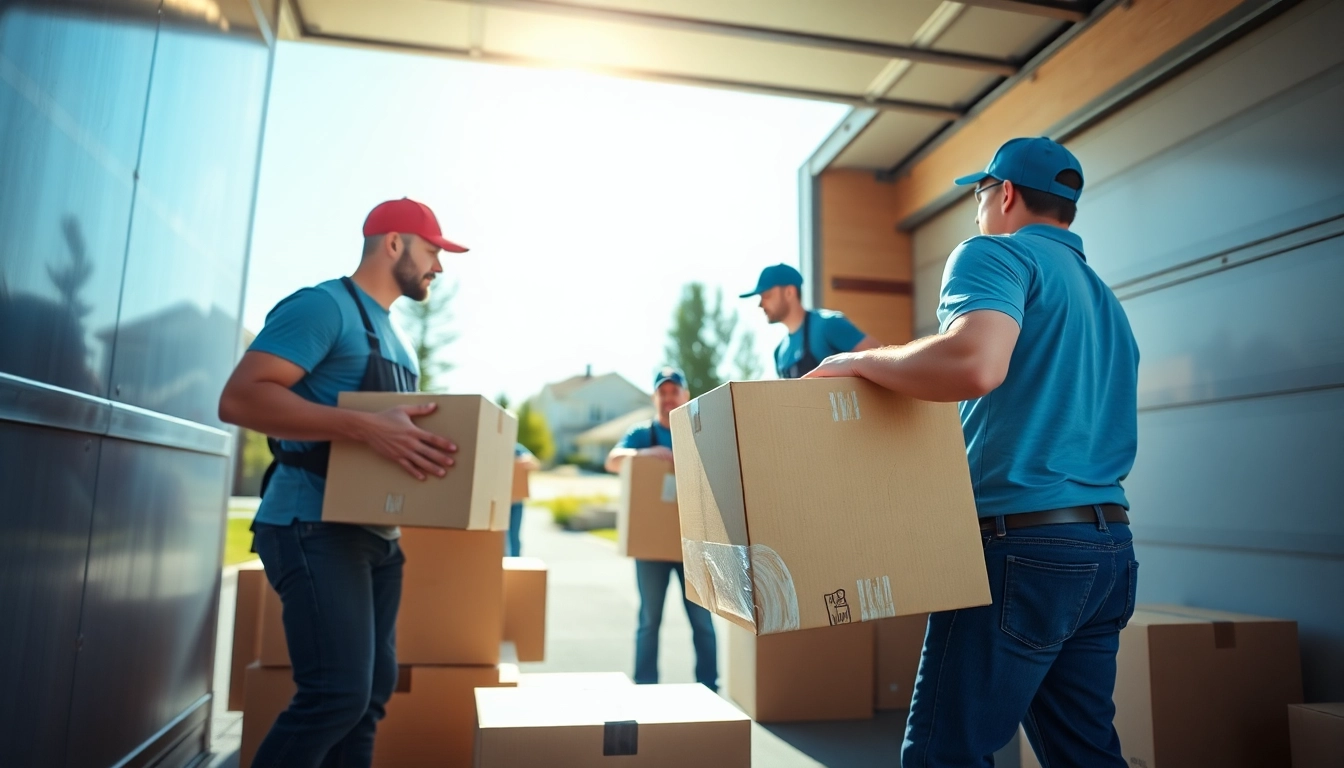 Movers Calgary team actively loading boxes into a moving truck in a friendly suburban setting.