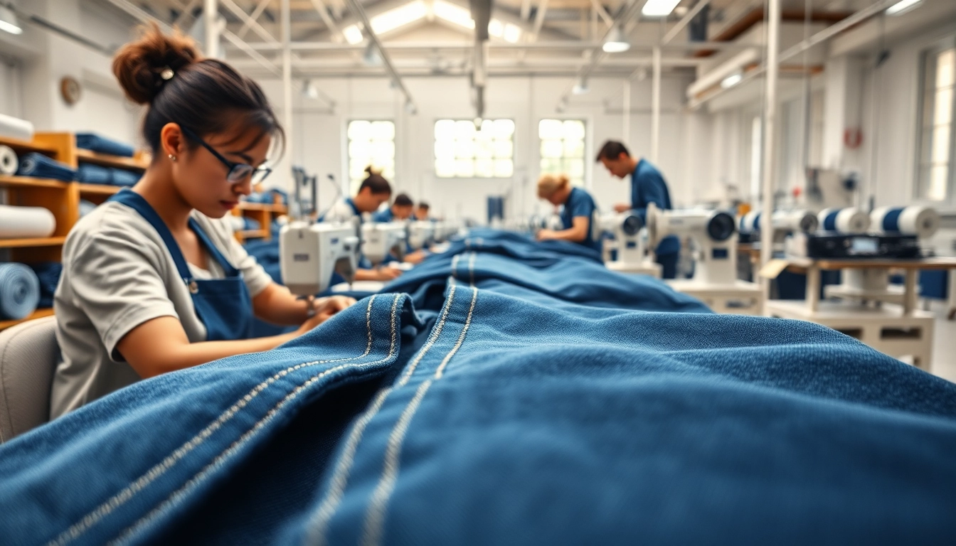 Skilled workers creating jeans in a denim factory, showcasing jeans factory manufacturers craftsmanship.