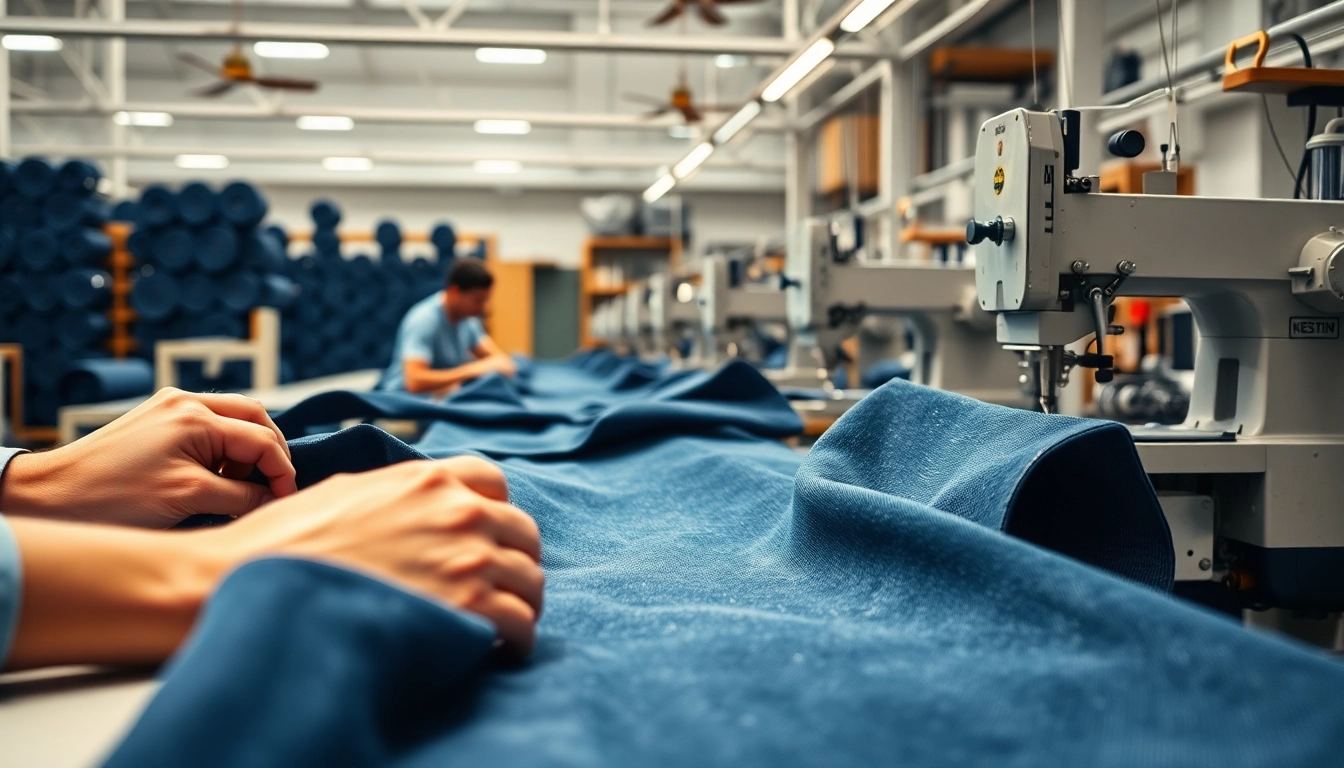 Showcase of skilled jeans factory manufacturers creating high-quality denim in a vibrant workshop.
